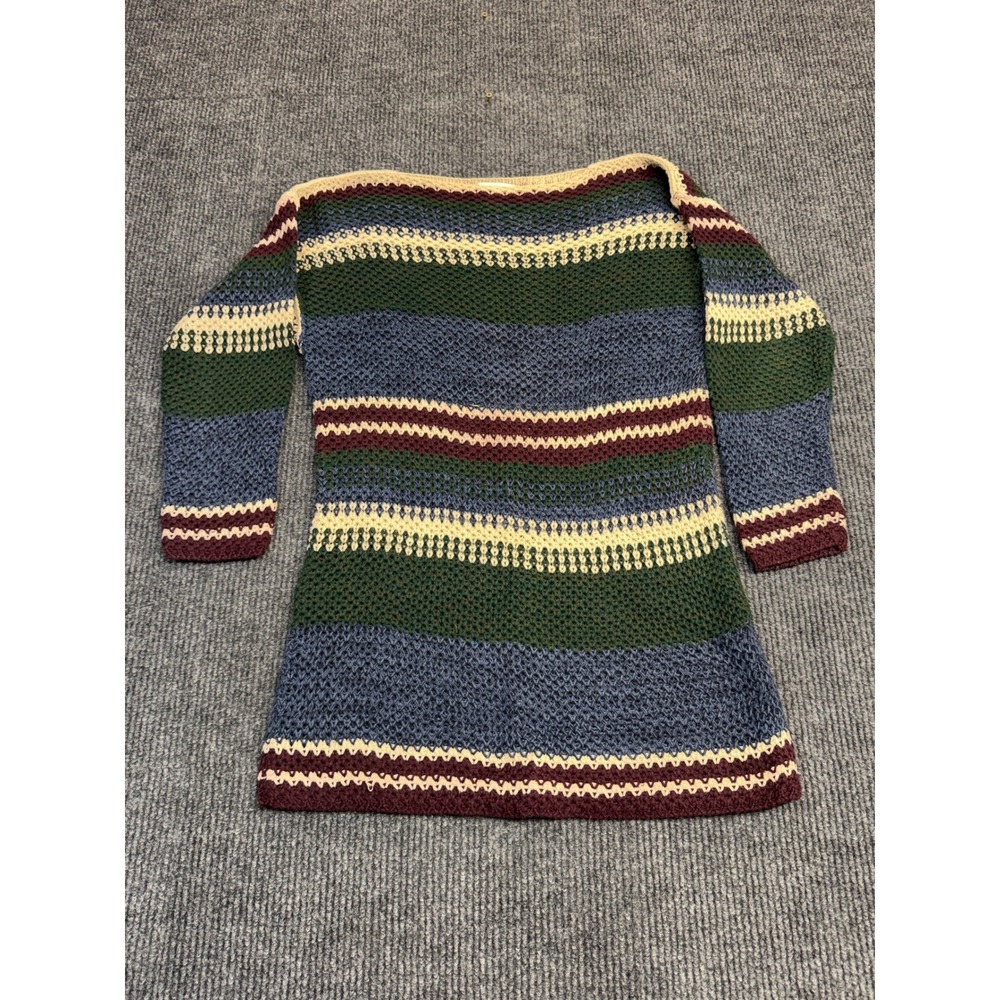 Turquoise Womens Large Striped Knit Sweater Ramie Cotton Boat Neck Green Blue L